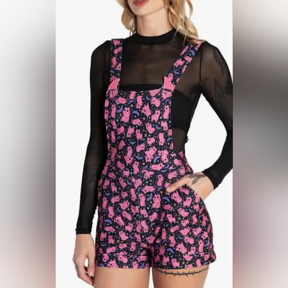 BlackMilk Purr Evil Pink and Black Cat Patterend Short Overalls